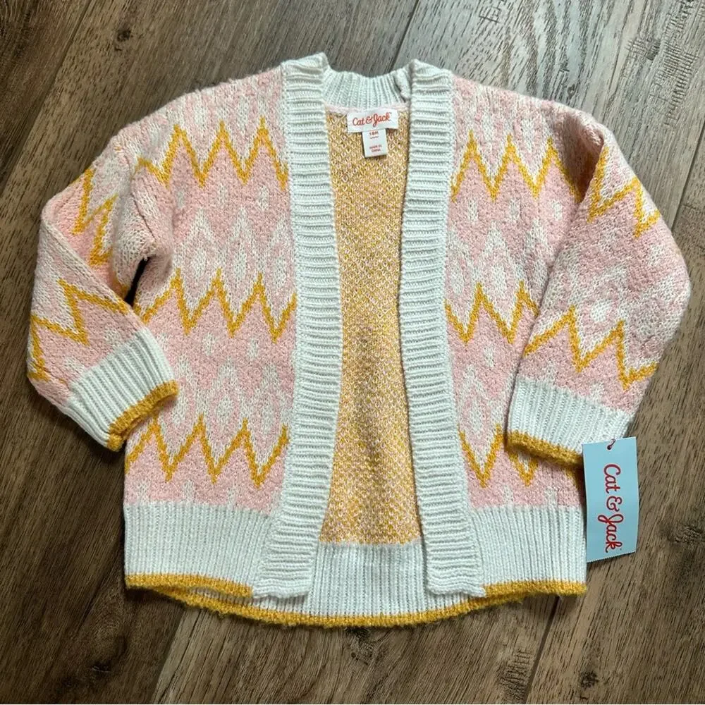 Cat & Jack Girl’s Pink Yellow Cardigan Sweater, Open Front, Fair Isle, Chic, 18m